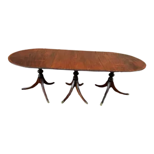 George III Style Mahogany Inlaid 3 Pedestal Dining Table. Antique Circa 1920-1930.