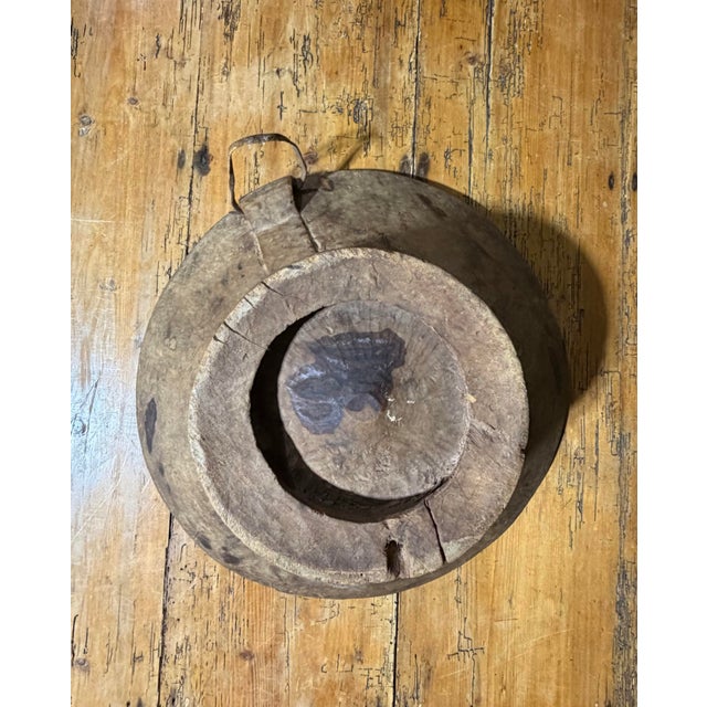 Antique Primitive Hand-Carved Wooden Bowl With Original Hanging Handle and Folk Art Repairs For Sale - Image 11 of 12