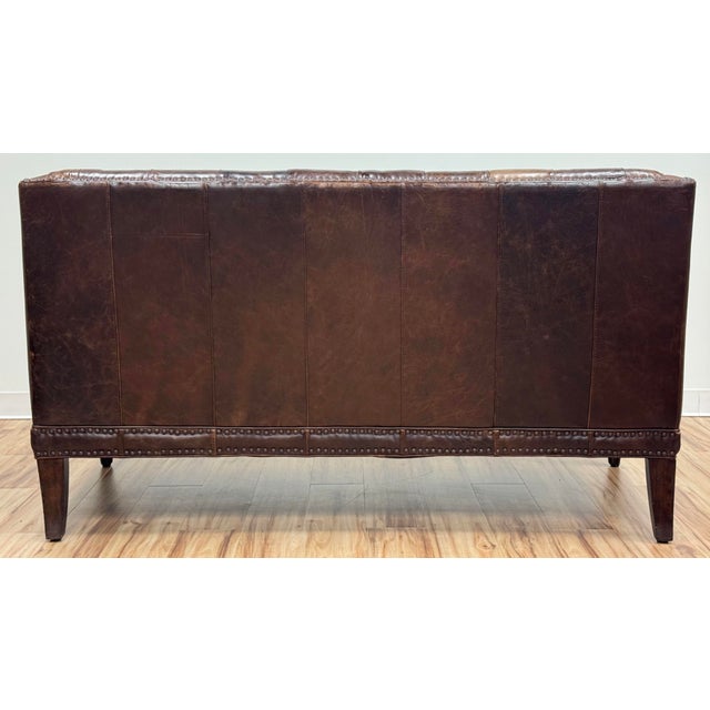 Wood Vintage Tufted Leather Settee With Nailhead Trim For Sale - Image 7 of 16