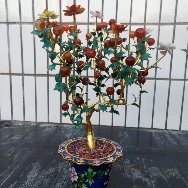 Pair of Vintage Gemstone & Cloisonné Enamel Bonsai Trees – Agate, Crystal & Pearl Fruit For Sale In Los Angeles - Image 6 of 12