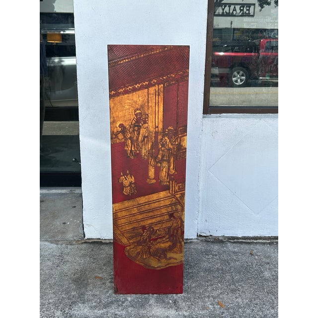 Stand out antique Chinese pedestal crafted in red lacquer over wood decorated with the scenes of the forbidden city all...