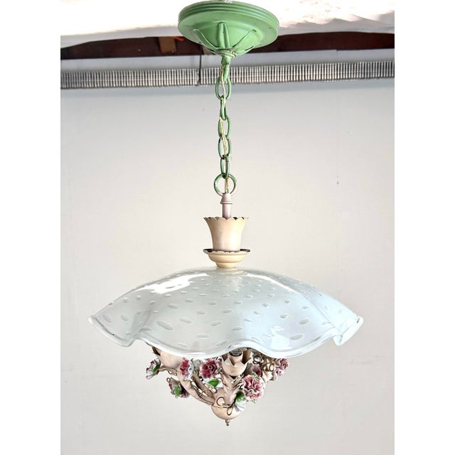 1950’s Italian Tole Chandelier With Murano Glass Shade Porcelain Flowers For Sale - Image 12 of 12