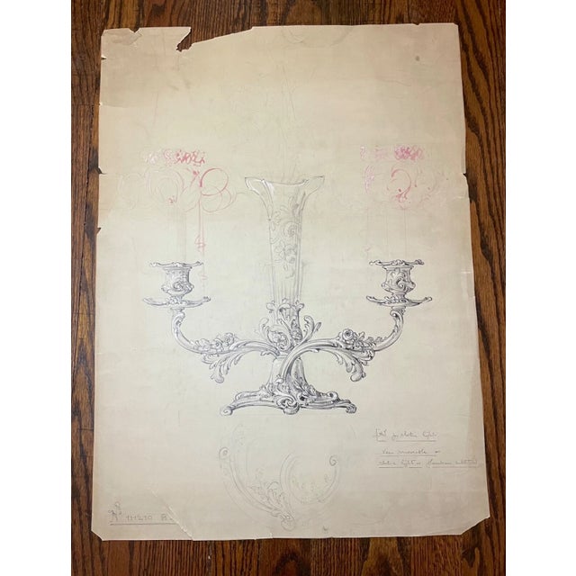 Antique 1800's Reed & Barton Original Silver Candelabra Blueprint Ink Sketch For Sale - Image 11 of 13
