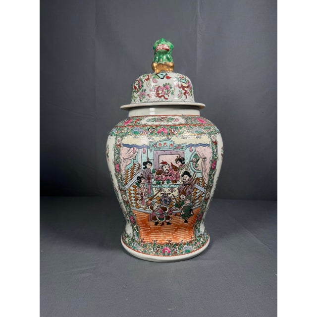 Chinese Large 20th C. Chinese Rose Medallion Porcelain Covered Urn With Figural Panels & Enamel Decoration For Sale - Image 3 of 8