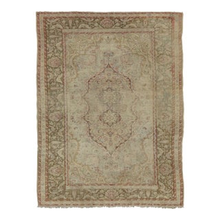 Antique Distressed Turkish Rug With Florals in Beige Tones - Rug & Kilim For Sale