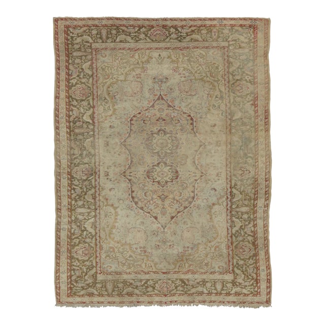 Antique Distressed Turkish Rug With Florals in Beige Tones - Rug & Kilim For Sale