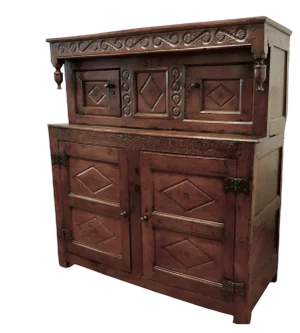 Antique Court Cupboard in Carved Oak, 1673