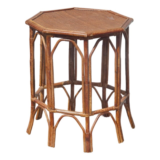Vintage French Country Brown Bamboo Rattan Side Table ~ End Table For Sale