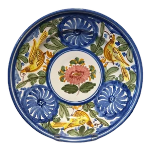 Vintage Hand Painted Manises Faience Bird Bowl/Charger in Blue Yellow - Spain