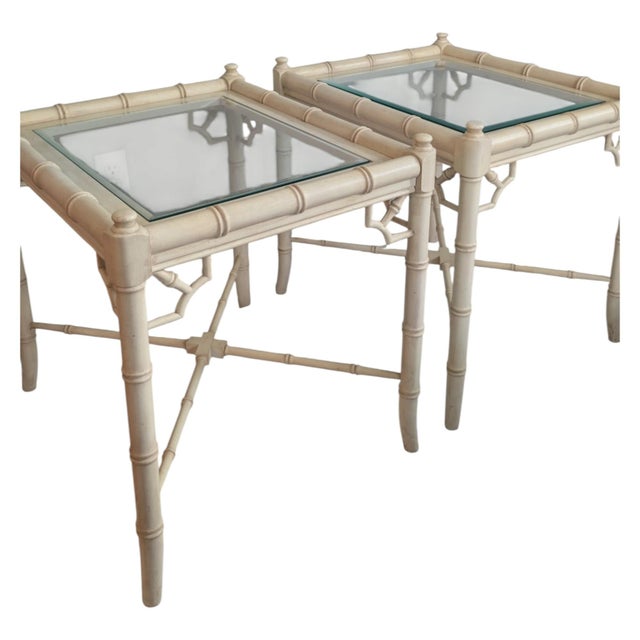 1960s Vintage Thomasville Allegro Faux Bamboo Fretwork Glass-Top Side Tables, Pair of 2 For Sale - Image 5 of 8