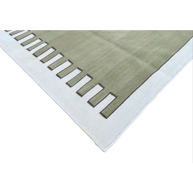 Handmade Cotton Area Rug Vegetable Dyed Olive Green and White Zig Zag Striped Rug-5'x7' For Sale - Image 6 of 11