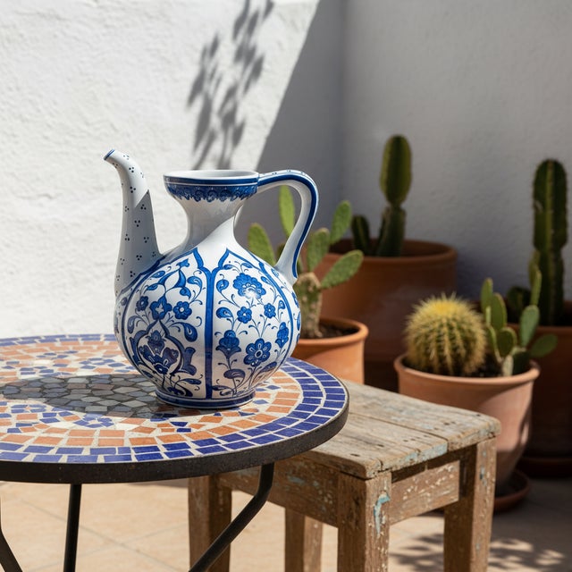 Blue Handmade Ceramic Ewer Pitcher (20cm) Blue and White Rumi Segment Pattern For Sale - Image 8 of 12