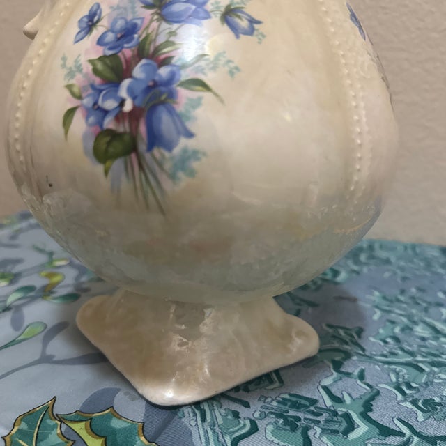 Vintage Iridescent Ivory Ceramic Pitcher Vase Hand-Painted Blue Flowers & Gilt Trim For Sale - Image 4 of 10