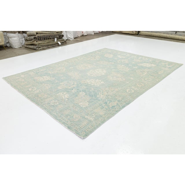 Modern Oushak Style Hand-Knotted Area Wool Rug – Seafoam & Ivory 9x12 For Sale - Image 10 of 11