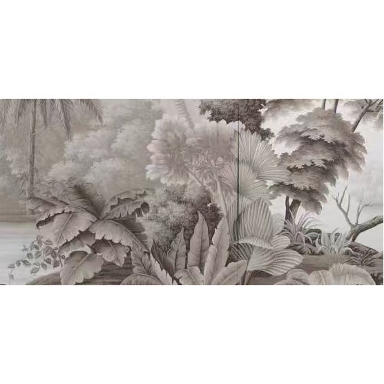 36" * H108" *6ps, Hand-Painted Retro Grey Tone Palm Rainforest Wall Mural, Low-Saturation Misty Tropical Plant Wall Covering For Sale - Image 4 of 9