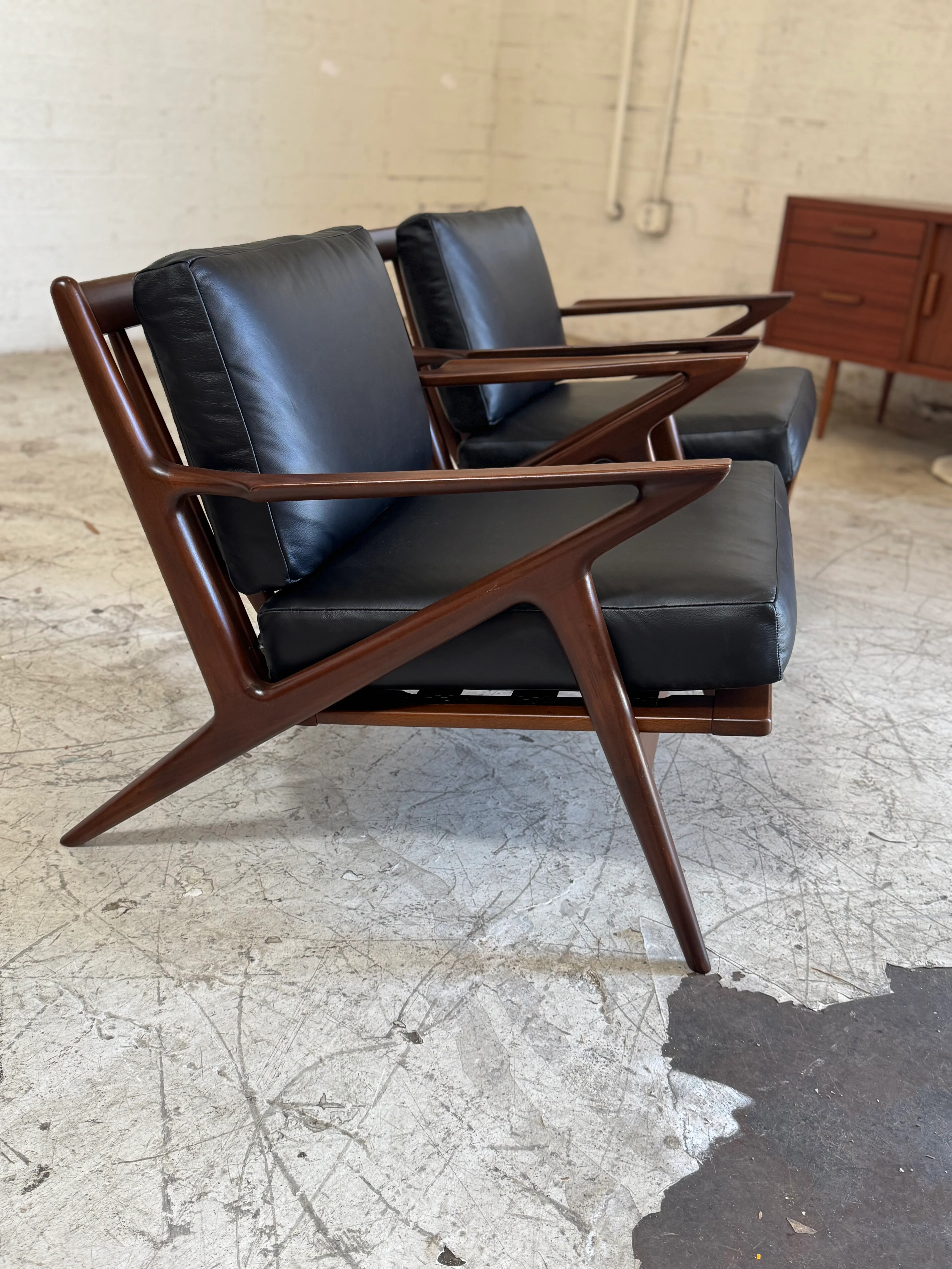 Danish Modern Walnut and Black Leather Lounge Z Chairs by Poul