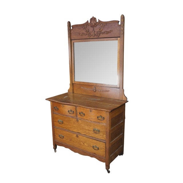 Victorian Antique Victorian Quartersawn Oak Serpentine Mirrored Chest of Drawers Dresser For Sale - Image 3 of 16