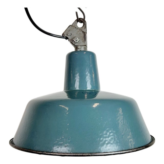 Industrial Petrol Enamel Factory Lamp with Cast Iron Top, 1960s For Sale