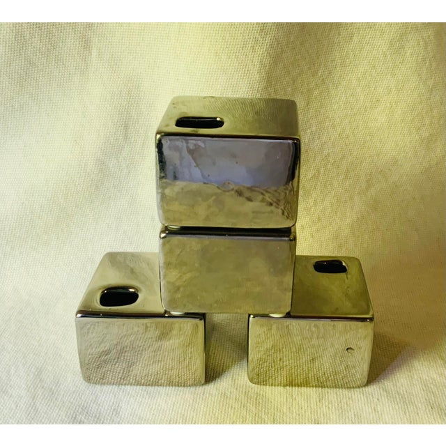 Silver Set of 4 Silver Glazed Cube Form Ikebana Vases - Japanese Porcelain For Sale - Image 8 of 12