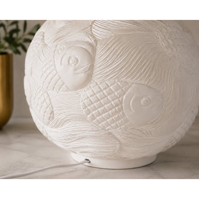Hollywood Regency Large Vintage Sculptural White Bisque Porcelain Fish Relief Table Lamp, 1970s For Sale - Image 3 of 4