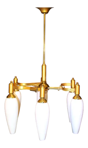 Jacques Adnet Brass Chandelier, Glass Opaline, Mid-Century France
