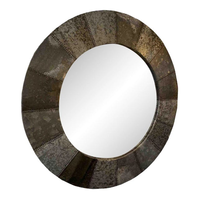 Large Round Industrial Mirror – 4' Riveted Metal Frame For Sale