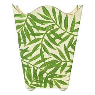 Matthew Izzo Home Handpainted Palm Leaf Tole Metal Square Wastebasket For Sale