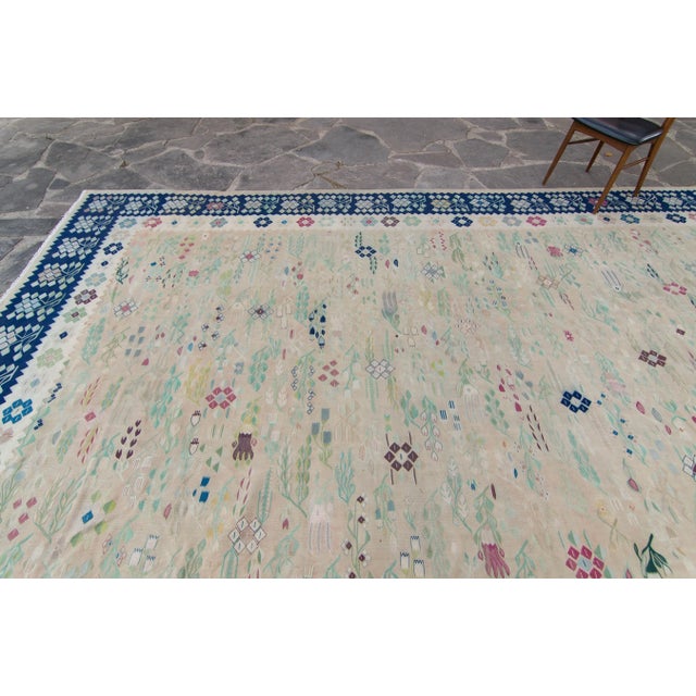 Textile 1950s Vintage Bessarabia Romanian Mansion Size Beige Plants Trees Hand-Woven Kilim Rug - 11’1” X 19’ For Sale - Image 7 of 10