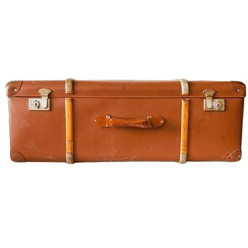 Charming antique brocante xl trunk covered in nubuck leather, featuring wooden protective bands and metal details. Are you...