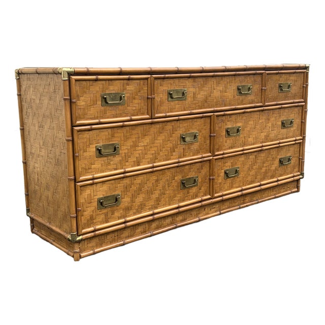 Vintage MCM Faux Bamboo & Rattan Campaign Style Low Dresser For Sale