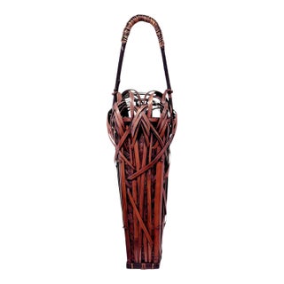 Tall Japanese Sooted Bamboo Ikebana Floor Basket Mingei Meiji Taisho Period For Sale