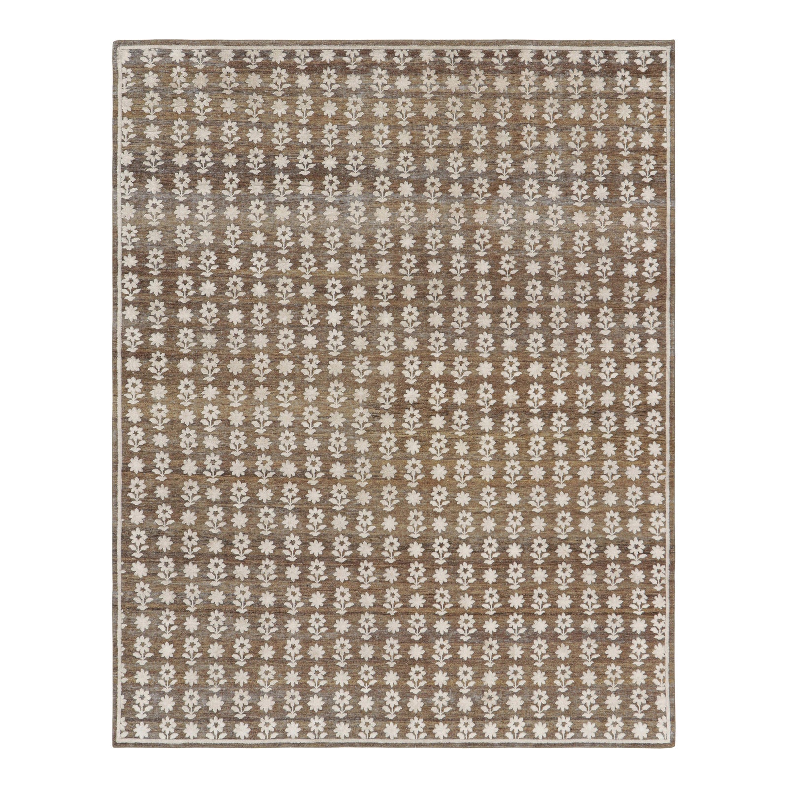 Rug & Kilim’s Modern Block Print Rug in Brown with White Floral ...