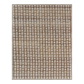 Rug & Kilim’s Modern Block Print Rug in Brown with White Floral Patterns - 3x5 For Sale