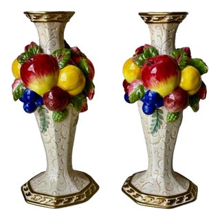Fitz and Floyd Venezia Embossed Fruit Candle Holders - a Pair For Sale