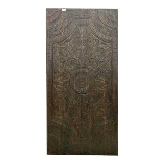 Bohemian Lotus Carved Wall Panel Headboard in Dark Wood | Handcrafted Floral Relief Decor 60x30 For Sale