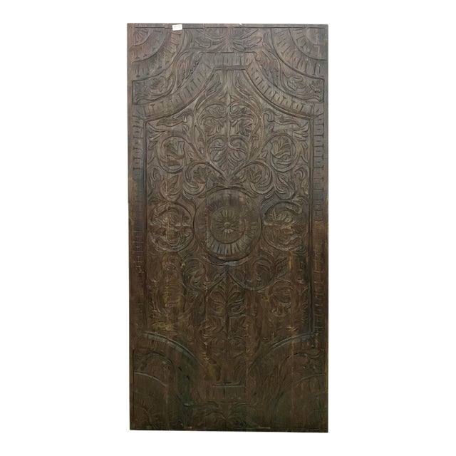 Bohemian Lotus Carved Wall Panel Headboard in Dark Wood | Handcrafted Floral Relief Decor 60x30 For Sale