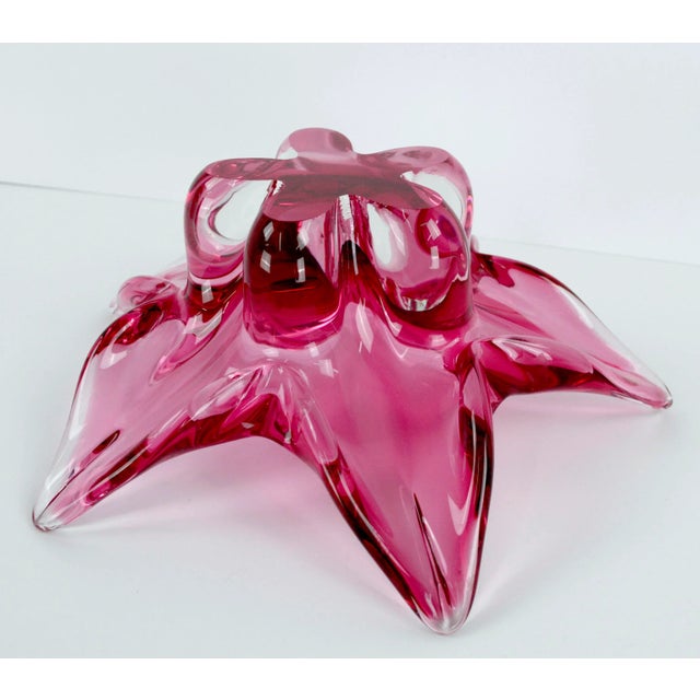 Pink Josef Hospodka Chribska Glassworks, Czech Pink Star Flower Footed Glass Dish For Sale - Image 8 of 9
