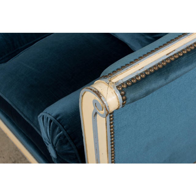 Antique French Directoire Style Painted Sofa in Blue Velvet For Sale - Image 16 of 18