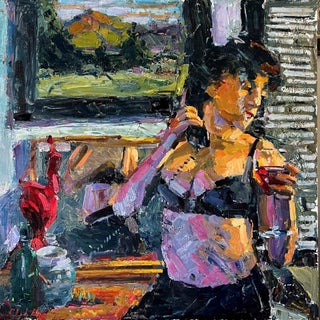 Sinner Beware by Clyde Steadman | Oil on panel Woman in lingerie holding a drink indoors. For Sale
