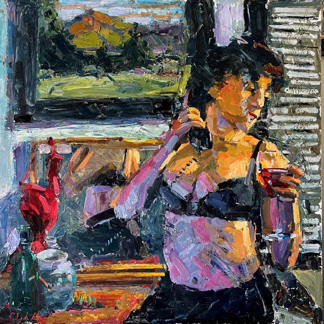 Sinner Beware by Clyde Steadman | Oil on panel Woman in lingerie holding a drink indoors. For Sale