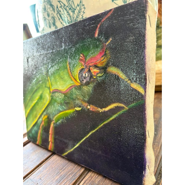 Illustration Vintage Oil Painting of Green Beetle on Canvas For Sale - Image 3 of 7