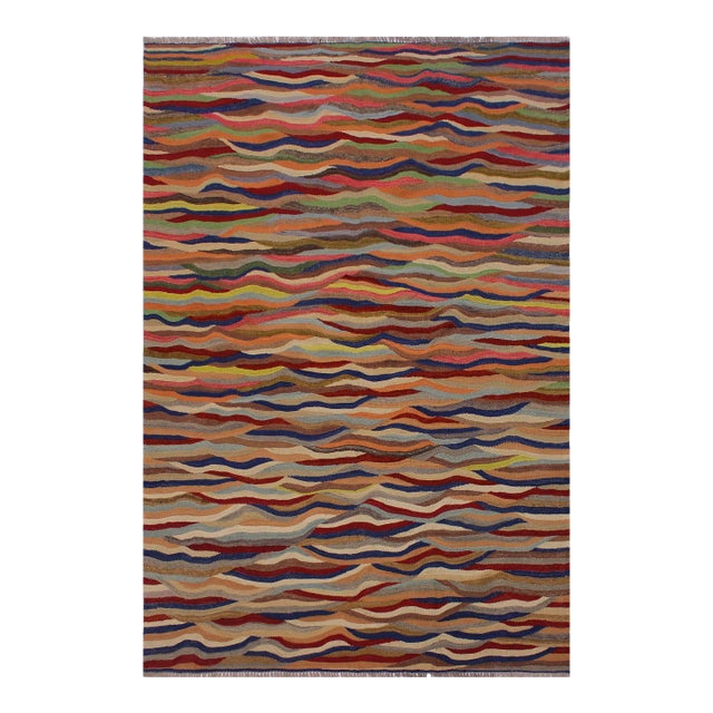 Boho Chic Kilim Red Blue Wool Rug - 4'11" X 6'10" For Sale