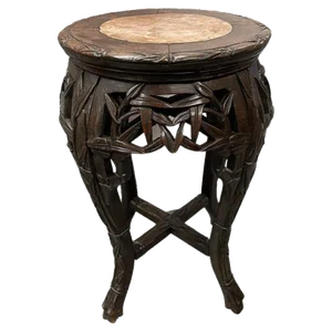 Chinese Side Table in Wood and Marble with Bamboo Pattern