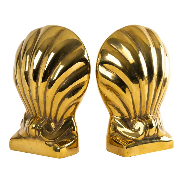 Vintage Brass Shell and Scroll Bookends For Sale