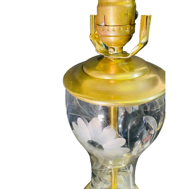 Metal Mid-Century Brass and Crystal Lamps With Etched Flowers a Pair For Sale - Image 7 of 11