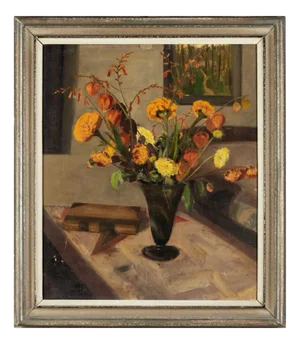 Edit Ranow, Interior Scene with Vase of Flowers, 1930s, Oil on Canvas, Framed