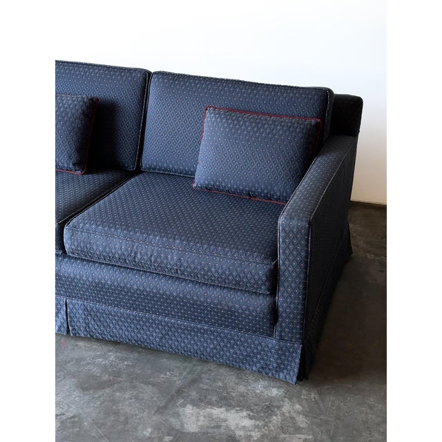 Mid-Century Modern 1960s Vintage Mid-Century Navy Jacquard Skirted Tuxedo Sofa For Sale - Image 3 of 18