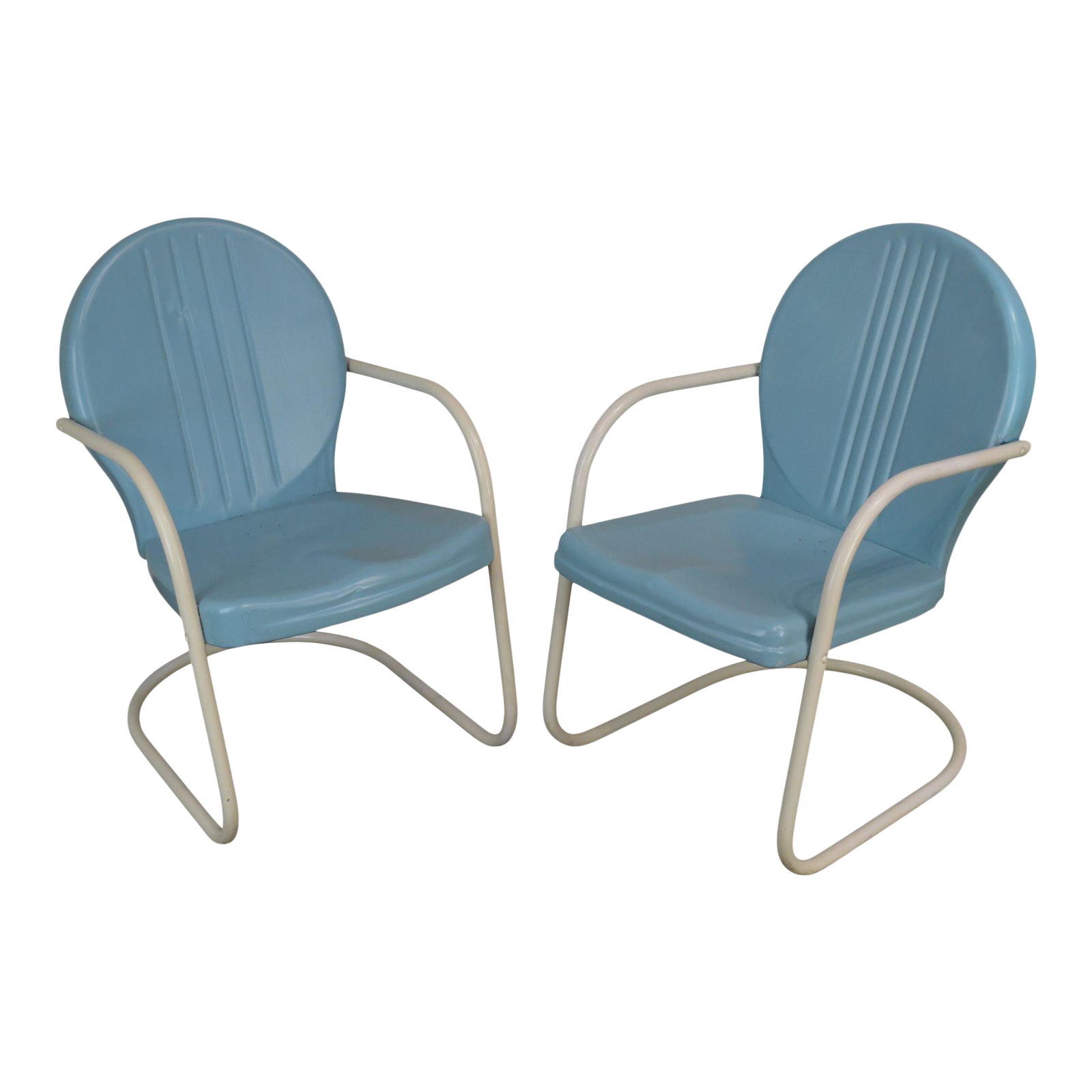 art deco style 1940's vintage pair metal patio lawn chairs