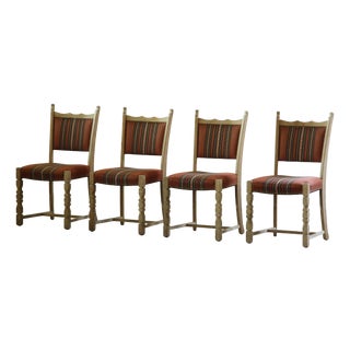 Vintage Scandinavian Oak Dining Chairs with Upholstery, 1970s, Set of 4 For Sale