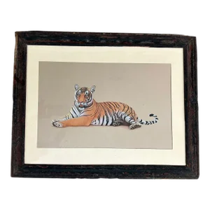 Vintage Possibly Mixed Media Original Tiger Art Piece, Matted and Framed in Antique Frame